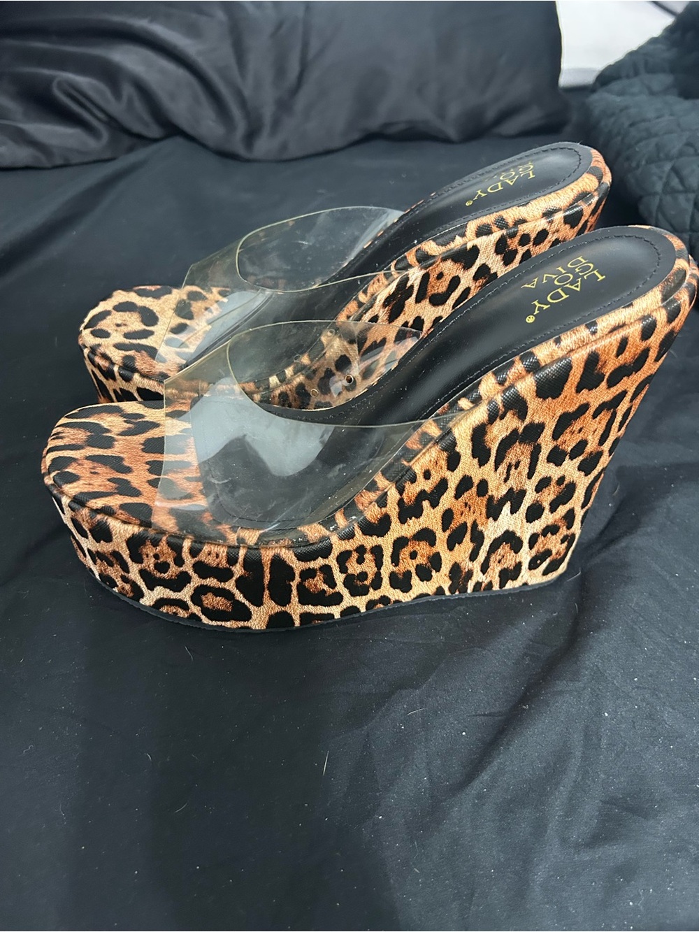 8.5 Faux Leopard Wedge Sandal with Clear Strap platform heels Women's mules